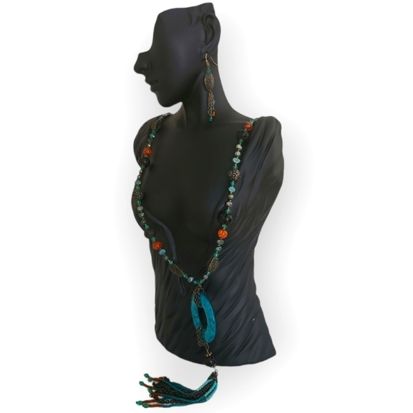 Coldwater Creek Turquoise Southwest Bead Tassel Necklace Earrings - Picture 2 of 6